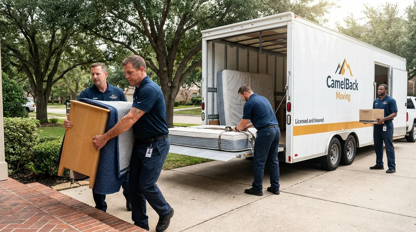 Crew loading residential truck for cross-state move from Angel Fire, NM