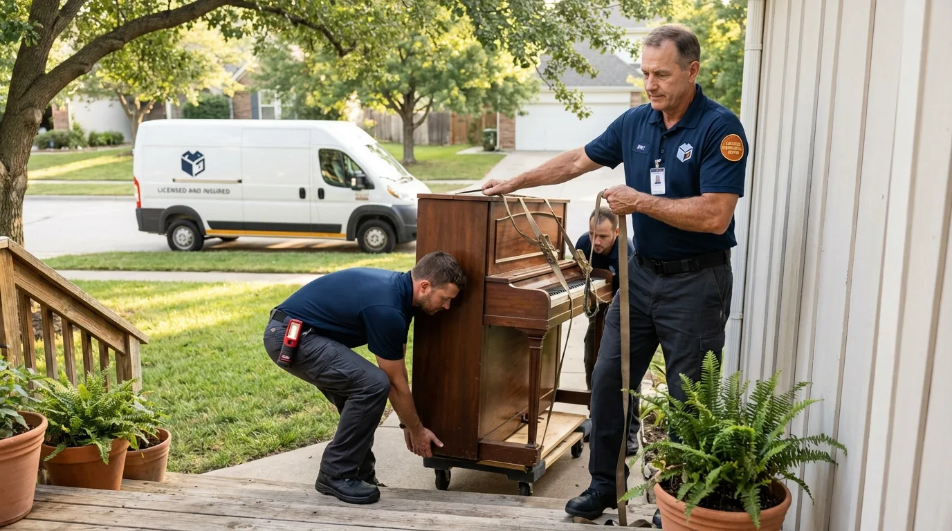 Licensed piano movers securing grand piano in Angel Fire, NM