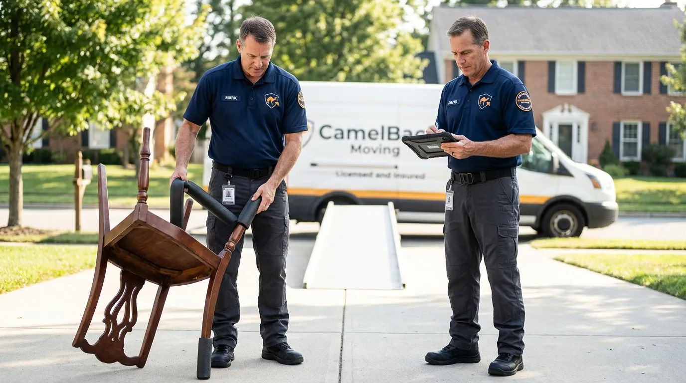 Movers inspecting furniture for damage prevention before loading in Angel Fire, NM