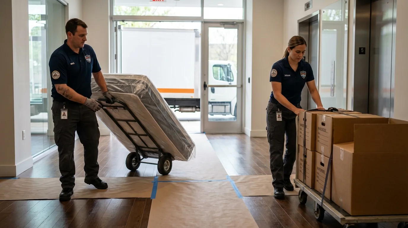 Professional apartment movers loading elevator in Angel Fire, NM